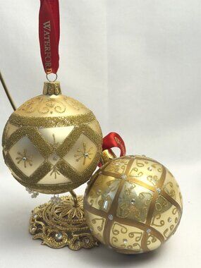 Waterford Glass Christmas Ornaments 3" Gold Balls Waterford Ribbons Set of Two